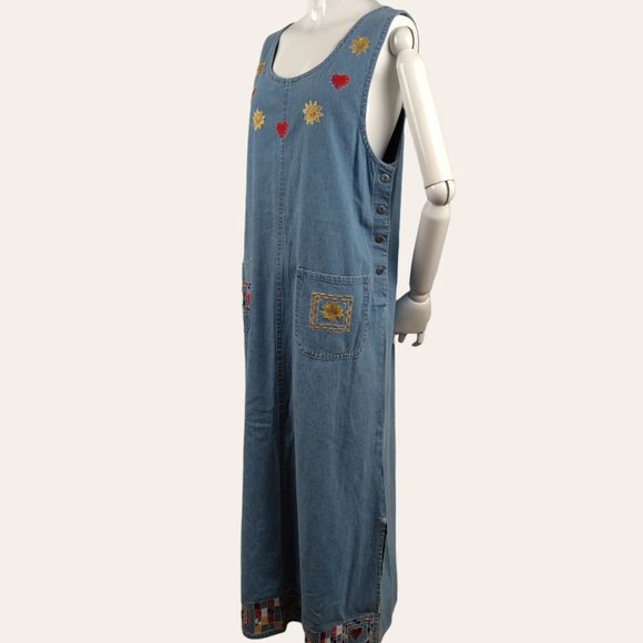 Vintage 1990s Celestial Heart Jumper Dress Chambray Applique Folk Art Grunge 8 - Picture 4 of 13